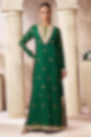 Dark Green Chanderi Silk Pathani Kurta by ARJE India at Pernia's Pop Up Shop