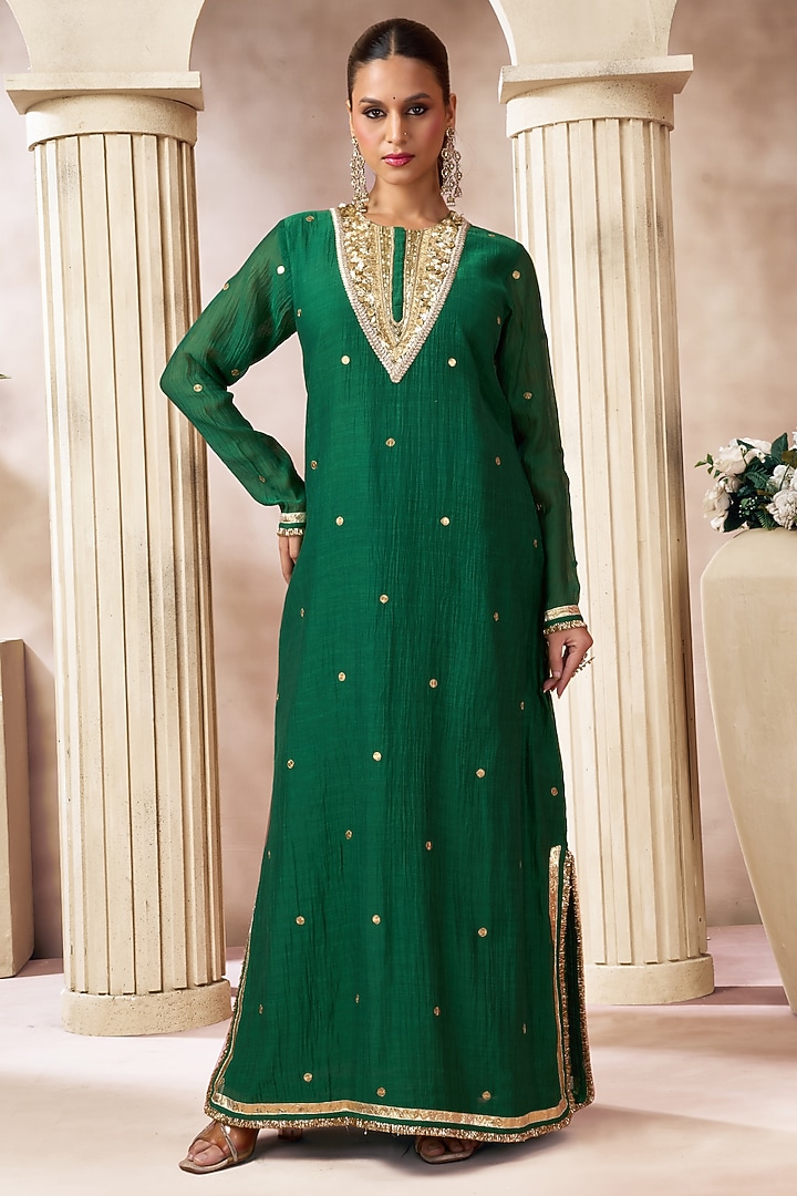 Dark Green Chanderi Silk Pathani Kurta by ARJE India at Pernia's Pop Up Shop