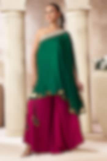 Dark Green Cotton Silk One-Shoulder Kaftan Set by ARJE India at Pernia's Pop Up Shop