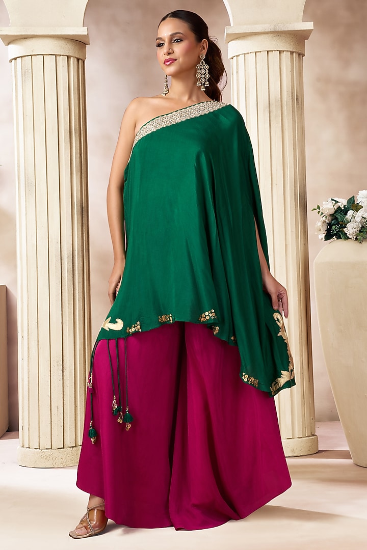 Dark Green Cotton Silk One-Shoulder Kaftan Set by ARJE India at Pernia's Pop Up Shop