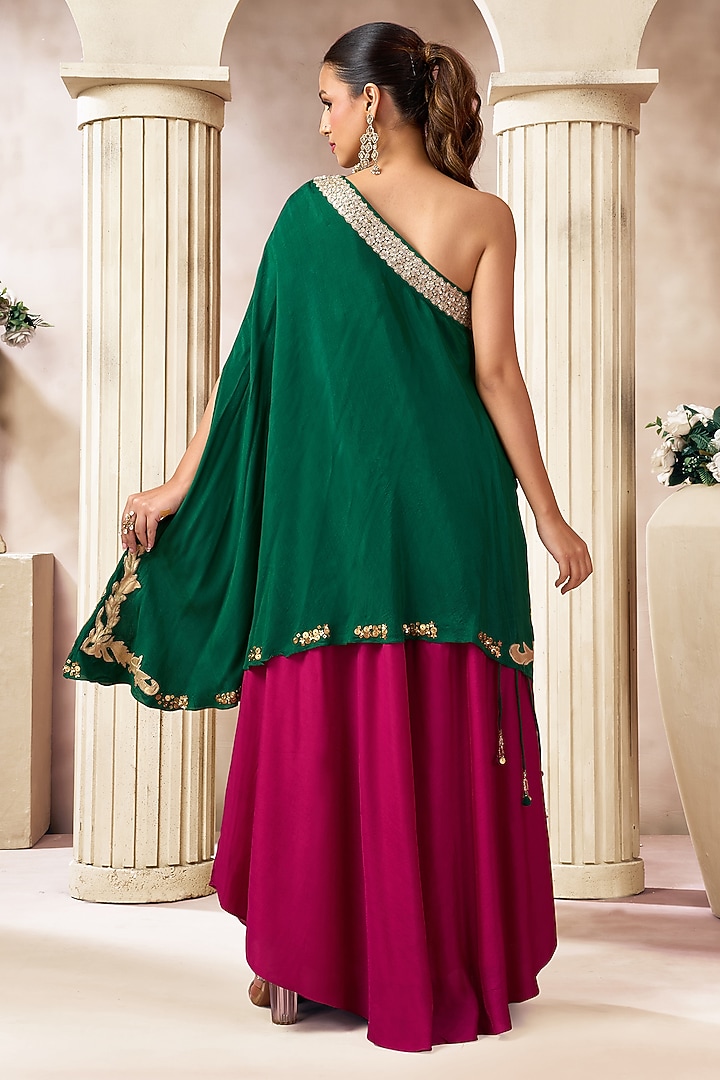 Dark Green Cotton Silk One-Shoulder Kaftan Set by ARJE India at Pernia's Pop Up Shop