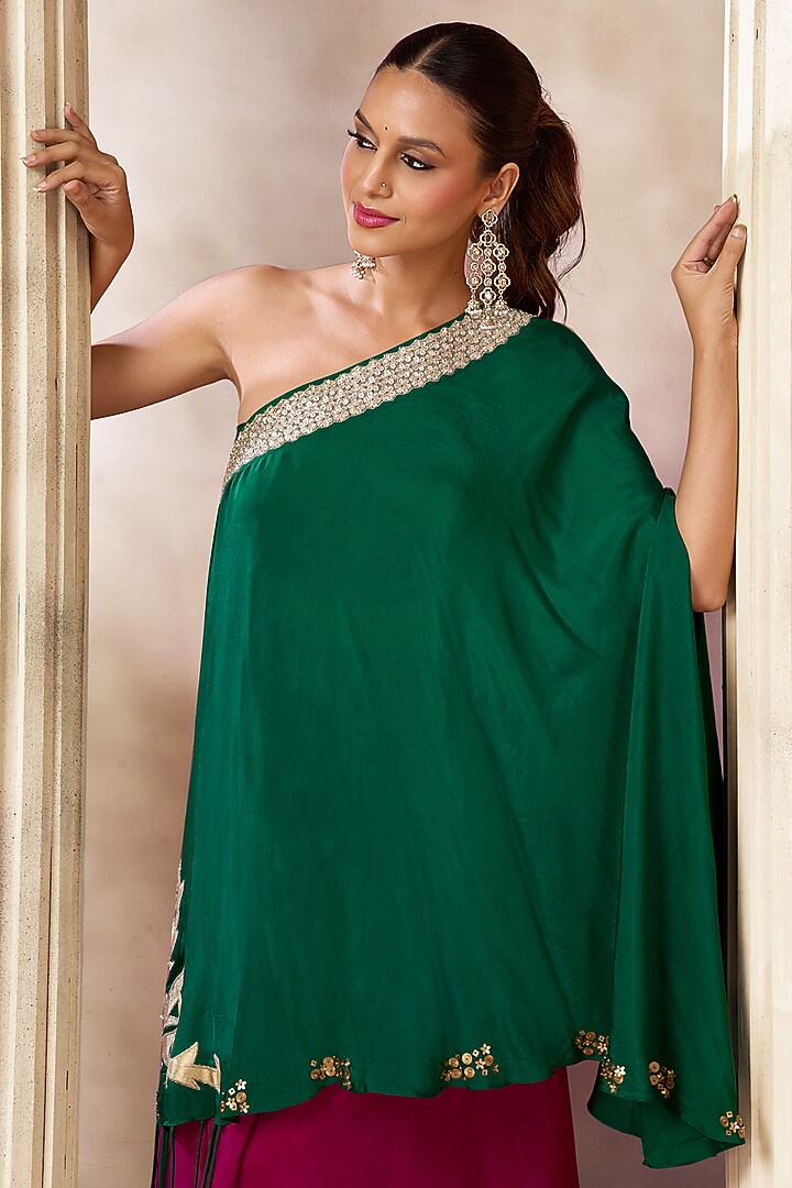 Dark Green Cotton Silk One-Shoulder Kaftan Set by ARJE India at Pernia's Pop Up Shop
