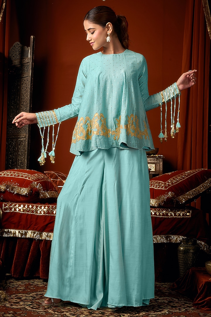 Sky Blue Cotton Silk Palazzo Set by ARJE India at Pernia's Pop Up Shop