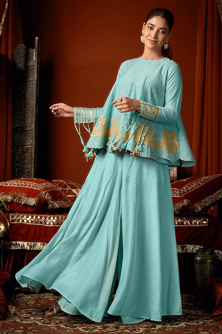 Sky Blue Cotton Silk Palazzo Set by ARJE India at Pernia's Pop Up Shop