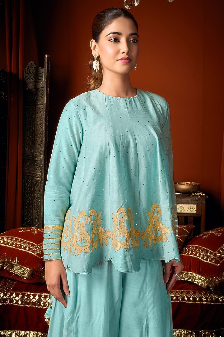 Sky Blue Cotton Silk Palazzo Set by ARJE India at Pernia's Pop Up Shop