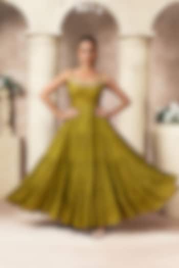 Mehendi Green Cotton Silk Layered Party Wear Anarkali by ARJE India at Pernia's Pop Up Shop