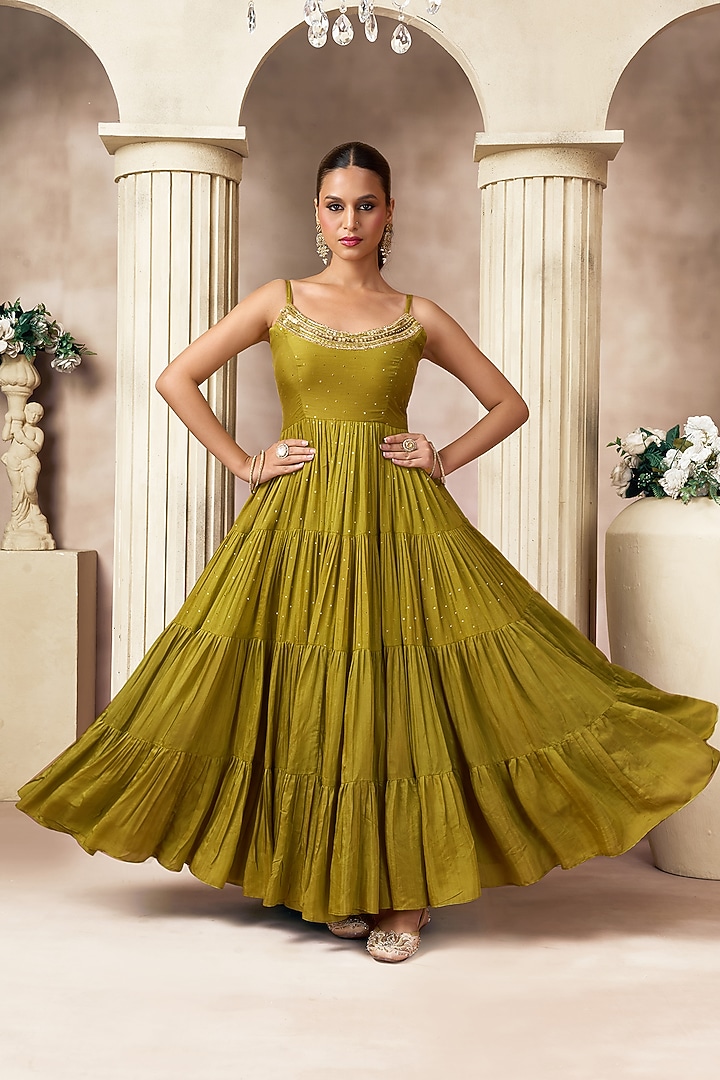 Mehendi Green Cotton Silk Layered Party Wear Anarkali by ARJE India at Pernia's Pop Up Shop