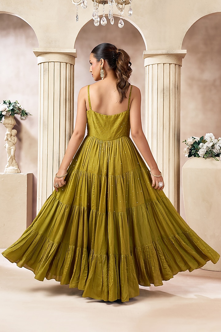 Mehendi Green Cotton Silk Layered Party Wear Anarkali by ARJE India at Pernia's Pop Up Shop