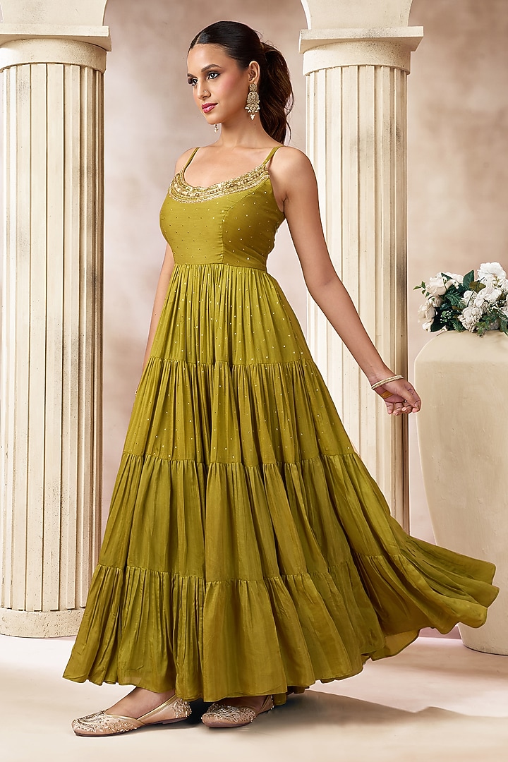 Mehendi Green Cotton Silk Layered Party Wear Anarkali by ARJE India at Pernia's Pop Up Shop