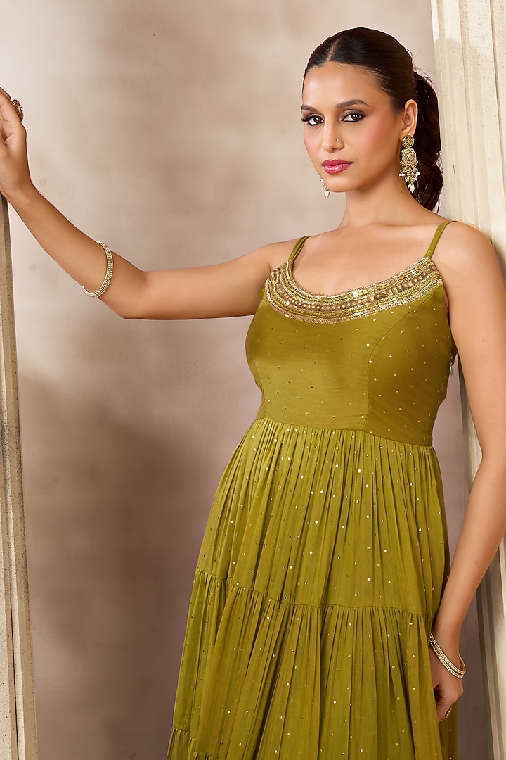 Mehendi Green Cotton Silk Layered Party Wear Anarkali by ARJE India at Pernia's Pop Up Shop