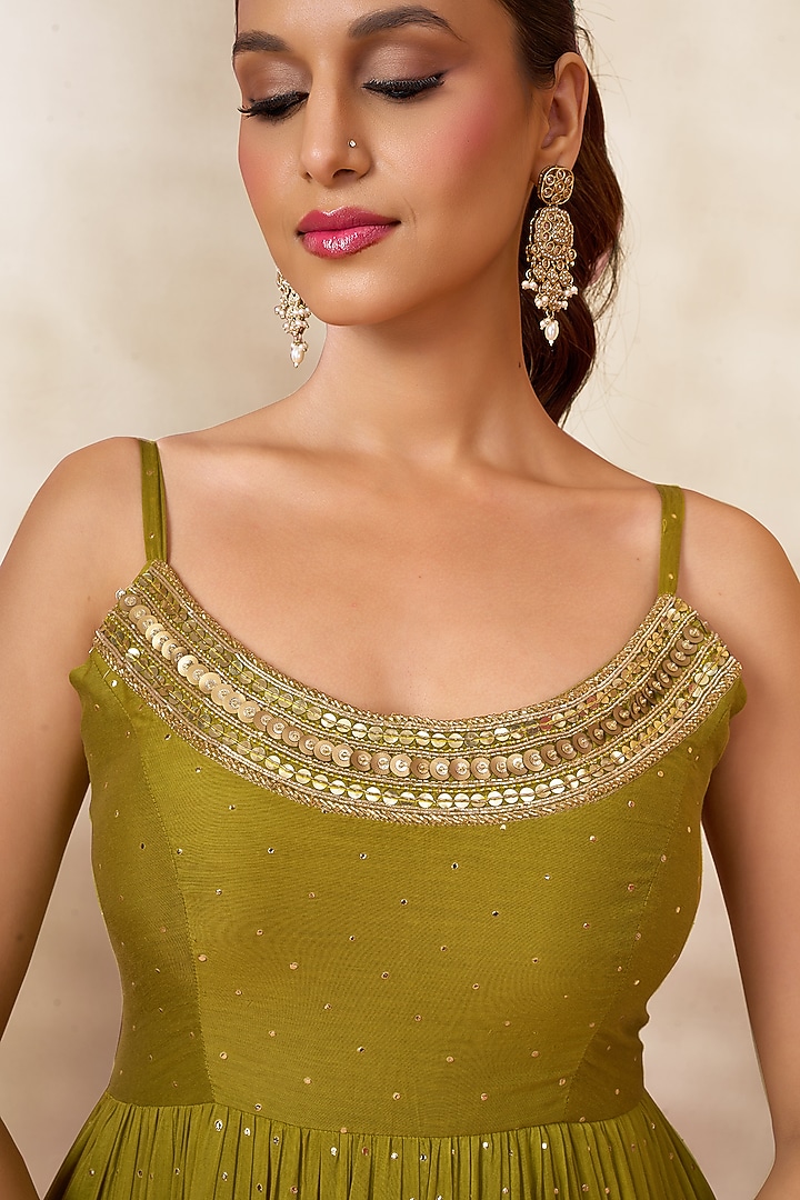 Mehendi Green Cotton Silk Layered Party Wear Anarkali by ARJE India at Pernia's Pop Up Shop