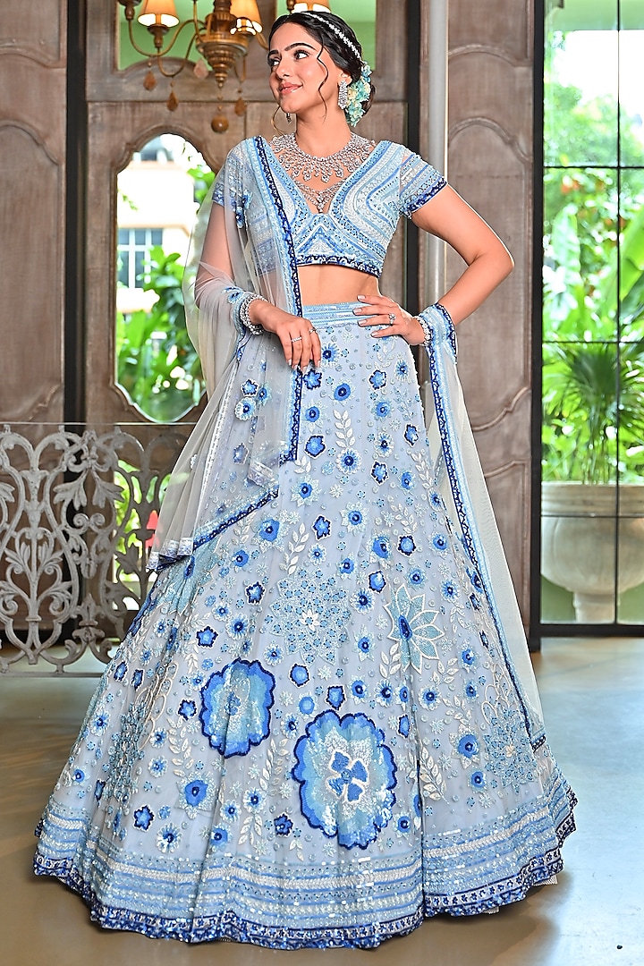 Sky Blue Tulle Hand Embroidered Bridal Lehenga Set by Arsh & Jas Designs at Pernia's Pop Up Shop