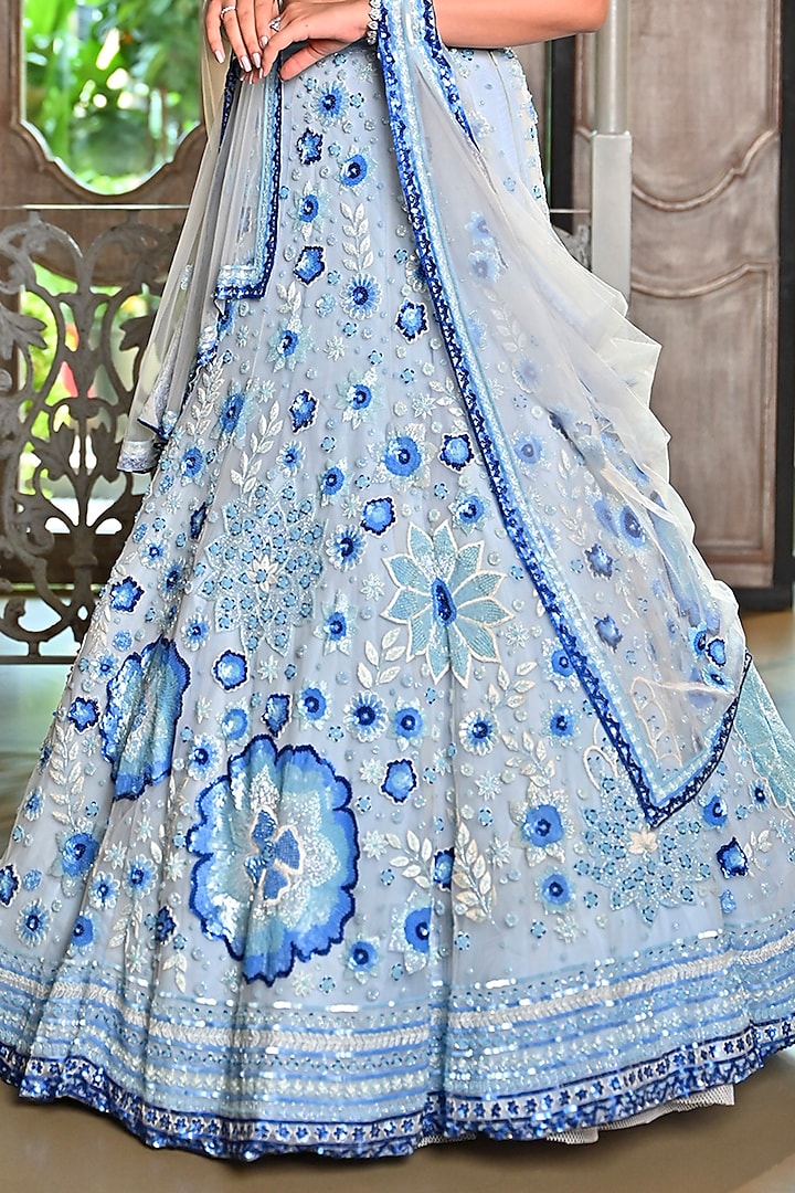 Sky Blue Tulle Hand Embroidered Bridal Lehenga Set by Arsh & Jas Designs at Pernia's Pop Up Shop