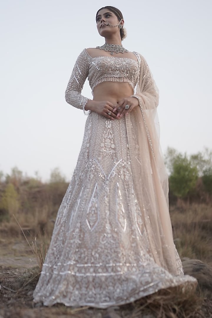 Ivory Tulle Hand Embroidered Bridal Lehenga Set by Arsh & Jas Designs at Pernia's Pop Up Shop