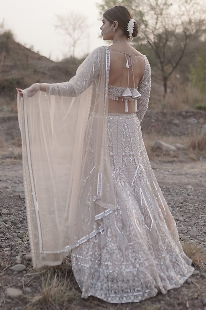 Ivory Tulle Hand Embroidered Bridal Lehenga Set by Arsh & Jas Designs at Pernia's Pop Up Shop