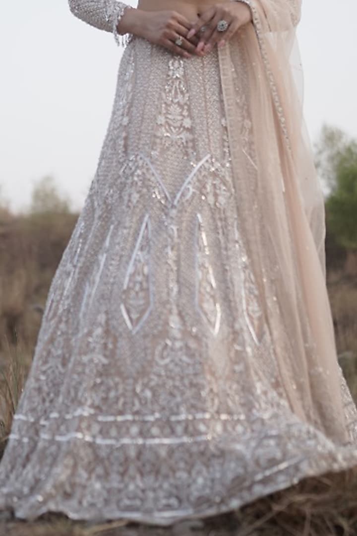 Ivory Tulle Hand Embroidered Bridal Lehenga Set by Arsh & Jas Designs at Pernia's Pop Up Shop