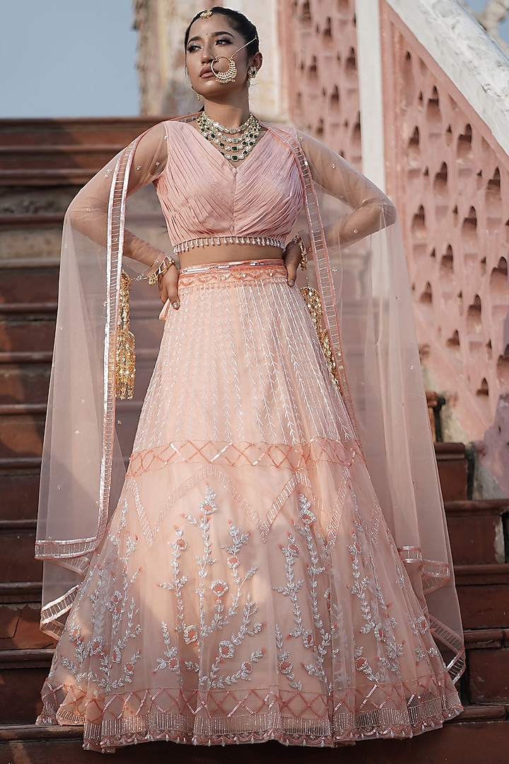 Peach Tulle Floral Hand Embroidered Bridal Lehenga Set by Arsh & Jas Designs at Pernia's Pop Up Shop