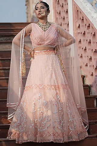 Peach Tulle Floral Hand Embroidered Lehenga Set by Arsh & Jas Designs