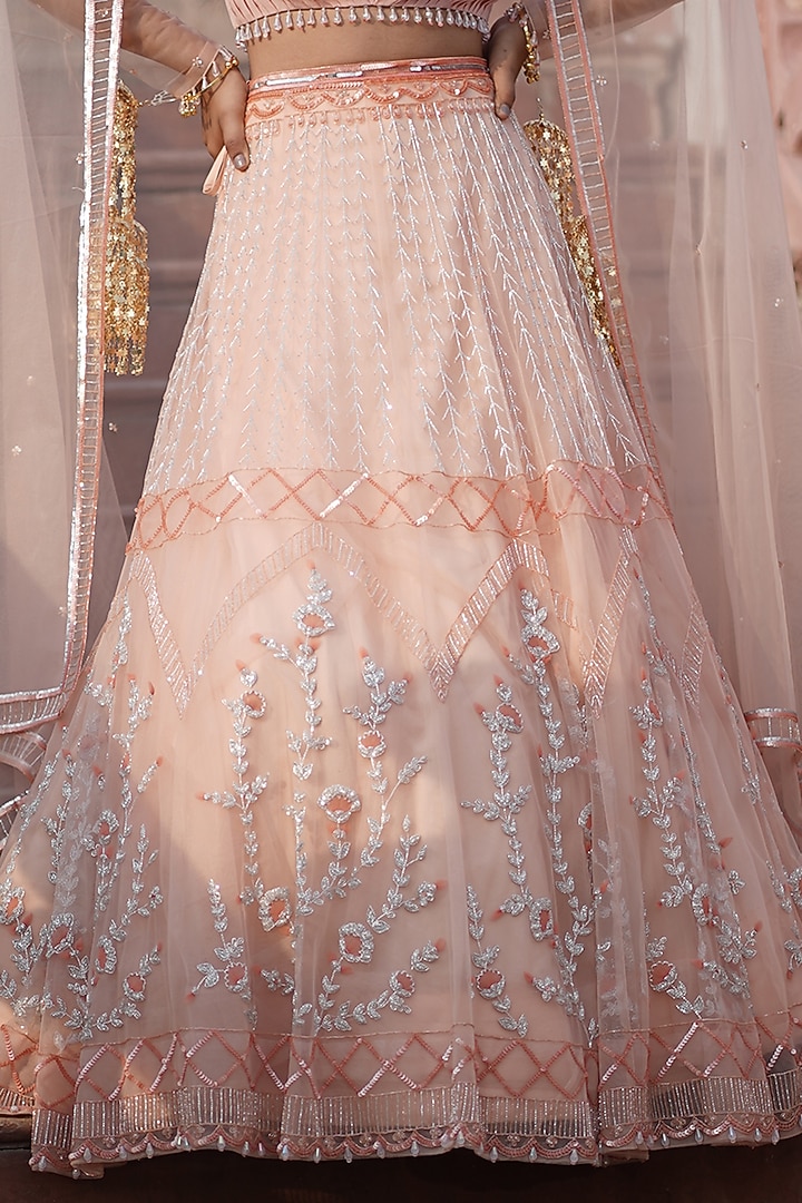 Peach Tulle Floral Hand Embroidered Bridal Lehenga Set by Arsh & Jas Designs at Pernia's Pop Up Shop