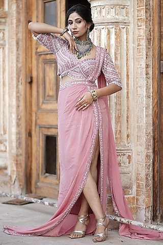 Rose Pink Crepe Hand Embroidered Pre-Stitched Saree Set by Arsh & Jas Designs