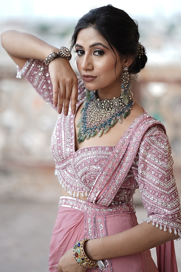 Rose Pink Crepe Hand Embroidered Pre-Stitched Reception Saree Set by Arsh & Jas Designs at Pernia's Pop Up Shop