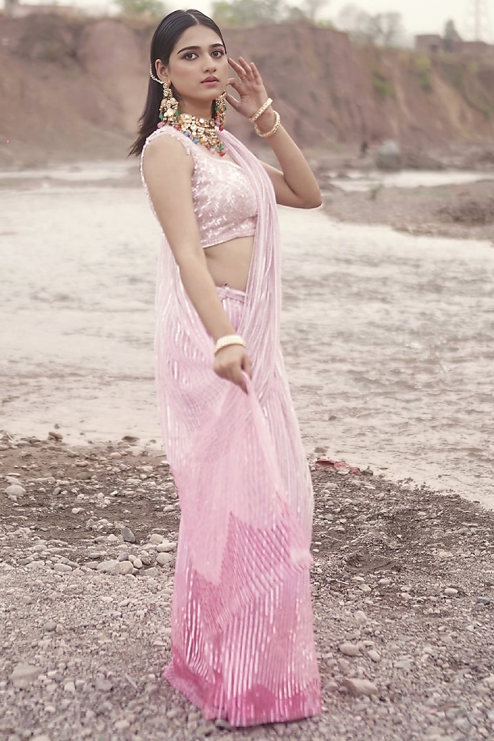 Pink Ombre Net Hand Embroidered Pre-Draped Bridal Saree Set by Arsh & Jas Designs at Pernia's Pop Up Shop