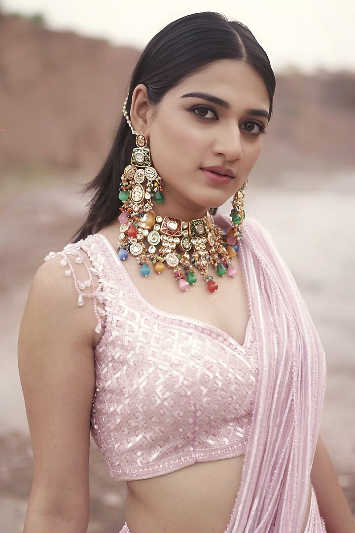 Pink Ombre Net Hand Embroidered Pre-Draped Bridal Saree Set by Arsh & Jas Designs at Pernia's Pop Up Shop