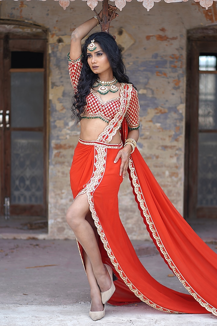 Red Georgette Hand Embroidered Pre-Draped Saree Set by Arsh & Jas Designs at Pernia's Pop Up Shop