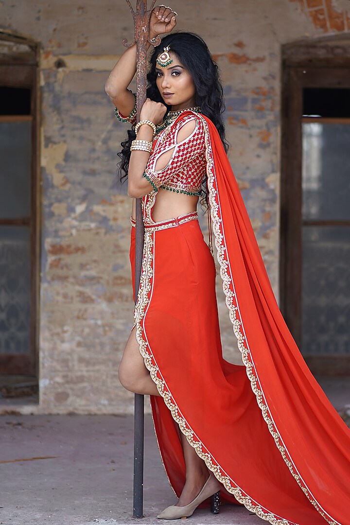 Red Georgette Hand Embroidered Pre-Draped Reception Saree Set by Arsh & Jas Designs at Pernia's Pop Up Shop