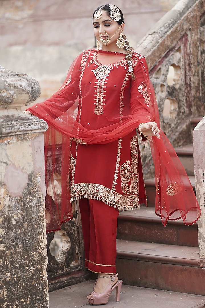 Crimson Red Matka Silk Zardosi Embroidered Kurta Set by Arsh & Jas Designs at Pernia's Pop Up Shop