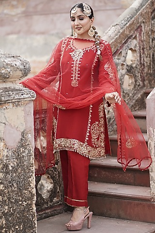 Crimson Red Matka Silk Zardosi Embroidered Kurta Set by Arsh & Jas Designs