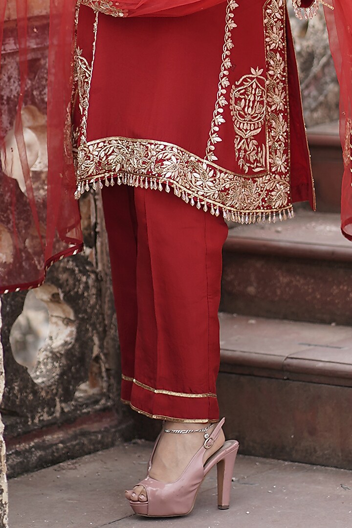 Crimson Red Matka Silk Zardosi Embroidered Kurta Set by Arsh & Jas Designs at Pernia's Pop Up Shop