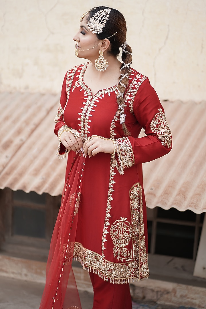Crimson Red Matka Silk Zardosi Embroidered Kurta Set by Arsh & Jas Designs at Pernia's Pop Up Shop