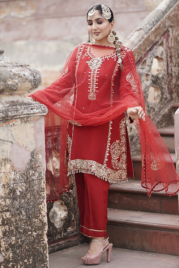 Crimson Red Matka Silk Zardosi Embroidered Kurta Set by Arsh & Jas Designs at Pernia's Pop Up Shop