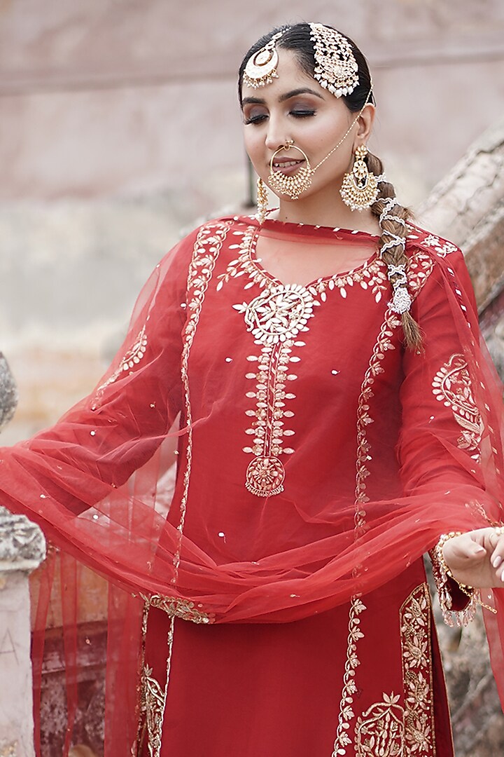 Crimson Red Matka Silk Zardosi Embroidered Kurta Set by Arsh & Jas Designs at Pernia's Pop Up Shop