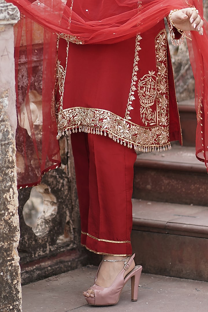 Crimson Red Matka Silk Zardosi Embroidered Kurta Set by Arsh & Jas Designs at Pernia's Pop Up Shop