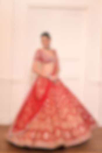 Red Banarasi Silk Hand Embroidered Bridal Lehenga Set by Arsh & Jas Designs at Pernia's Pop Up Shop