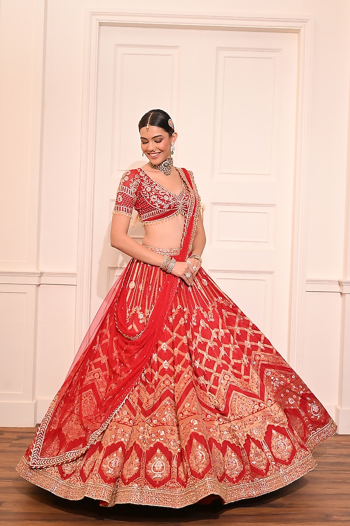 Red Banarasi Silk Hand Embroidered Bridal Lehenga Set by Arsh & Jas Designs at Pernia's Pop Up Shop