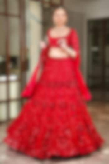 Red Tulle Sequins & Cutdana Hand Embroidered Lehenga Set by Arsh & Jas Designs