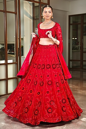 Red Tulle Sequins & Cutdana Hand Embroidered Bridal Lehenga Set by Arsh & Jas Designs at Pernia's Pop Up Shop