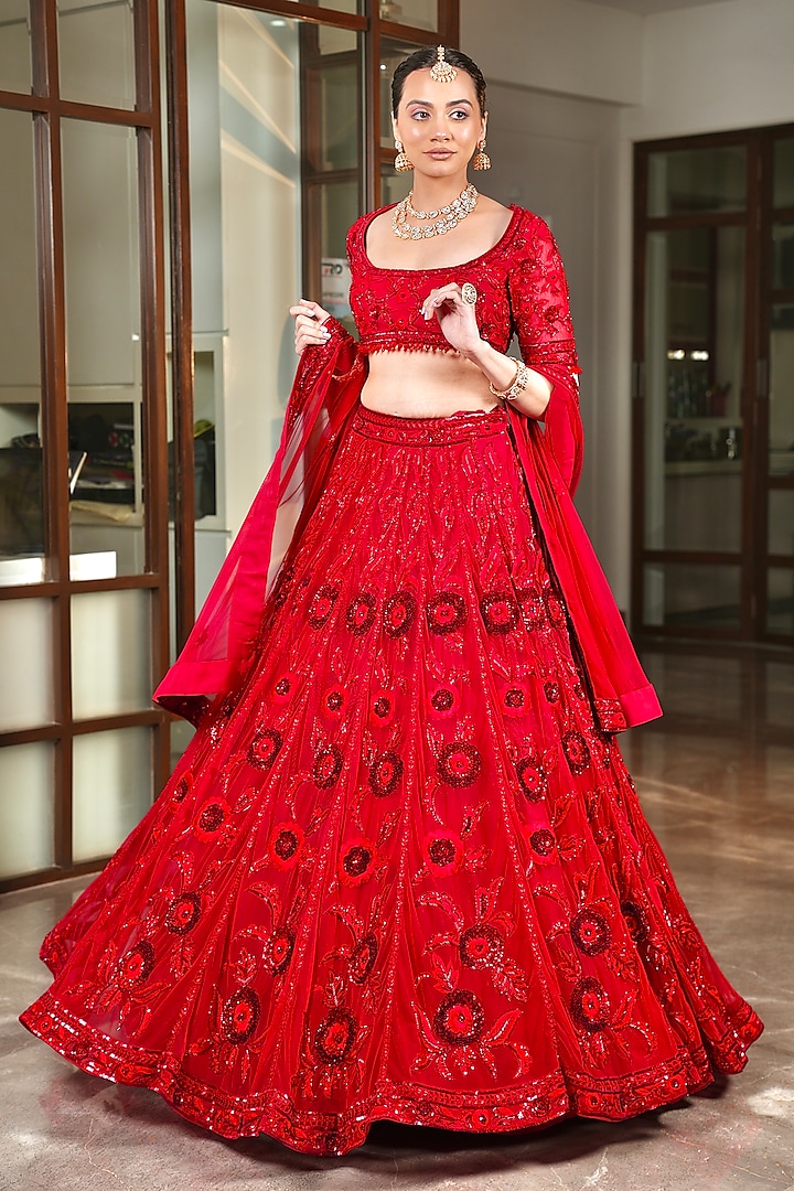 Red Tulle Sequins & Cutdana Hand Embroidered Lehenga Set by Arsh & Jas Designs