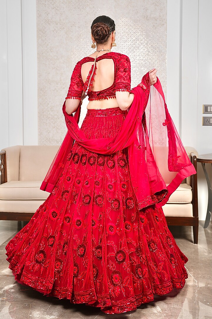Red Tulle Sequins & Cutdana Hand Embroidered Bridal Lehenga Set by Arsh & Jas Designs at Pernia's Pop Up Shop