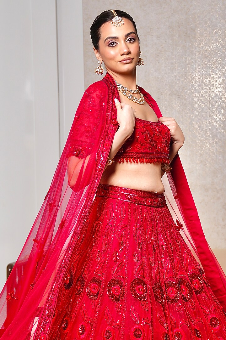 Red Tulle Sequins & Cutdana Hand Embroidered Bridal Lehenga Set by Arsh & Jas Designs at Pernia's Pop Up Shop