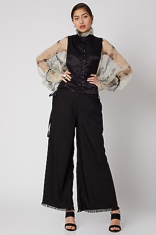 Black Mashru Flap With Tie-Dye Sheer Top by Aroka