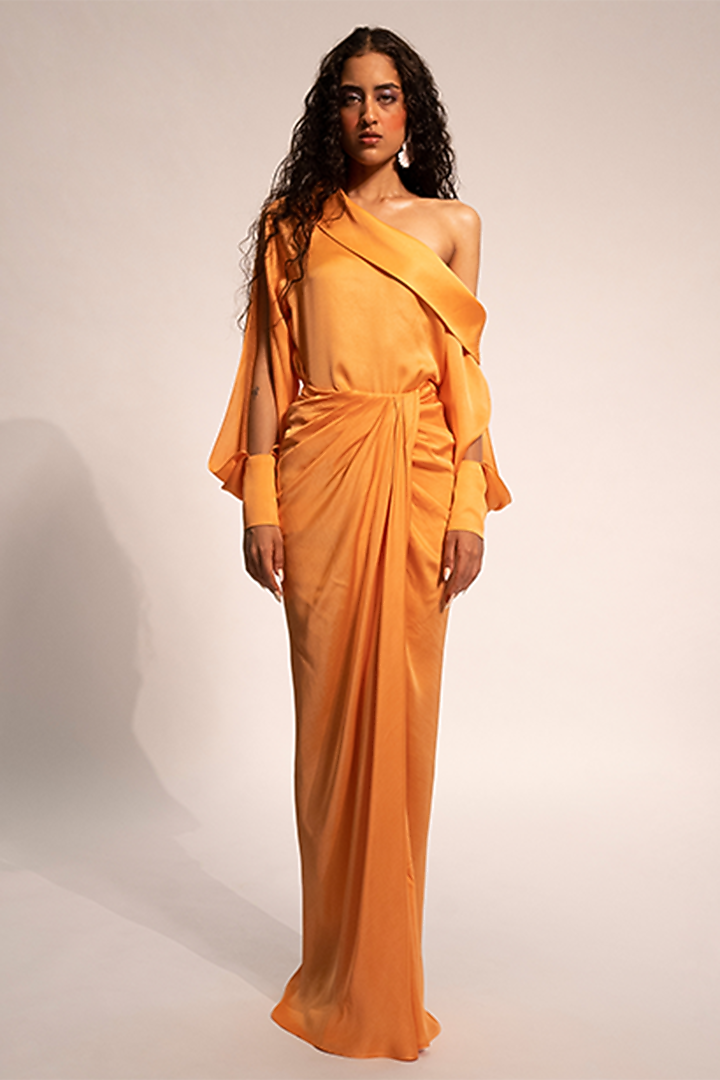 Coral Cream Modal Satin Pleated Wrap Skirt by Aroka at Pernia's Pop Up Shop