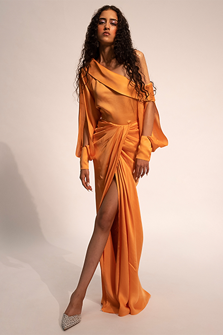 Coral Cream Modal Satin Pleated Wrap Skirt by Aroka at Pernia's Pop Up Shop