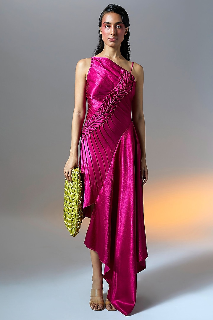 Magenta Mashru Asymmetrical Dress by Aroka