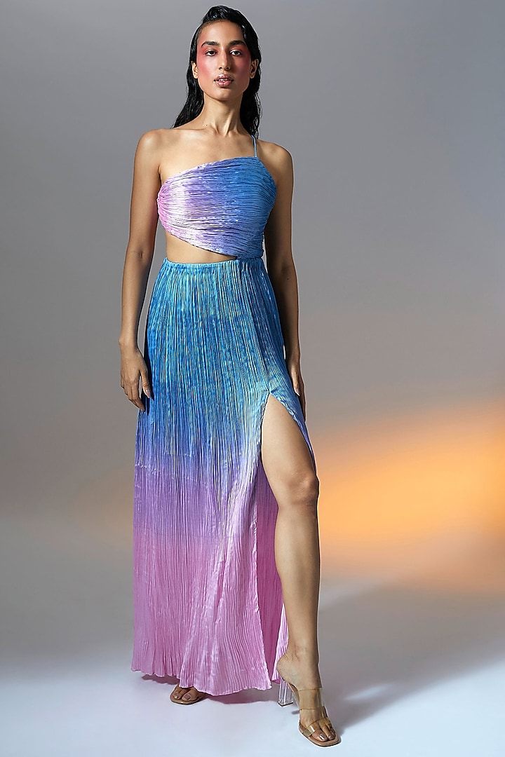 Blue & Lilac Ombre Satin Hand-Ruched Dress by Aroka