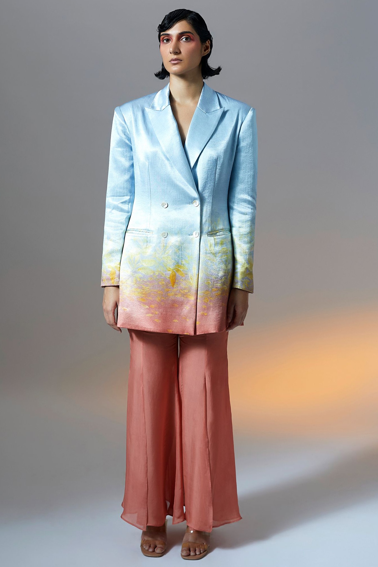 Multi-Colored Ombre Mashru Satin Printed Blazer by Aroka at