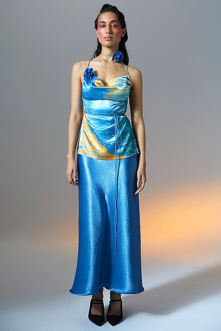 Blue Vegan Mashru Skirt Set by Aroka